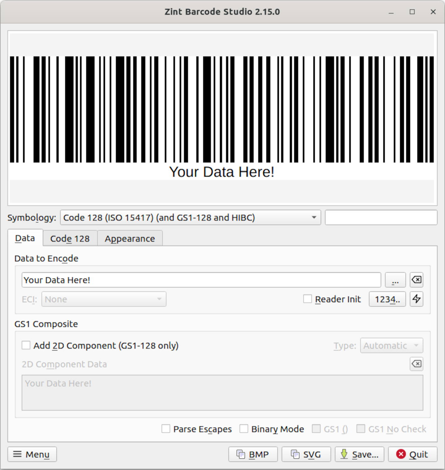 Zint Barcode Studio on startup - main window with Data tab