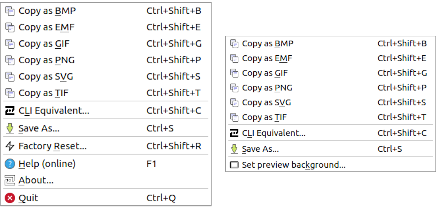 Main menu (left) and context menu (right)