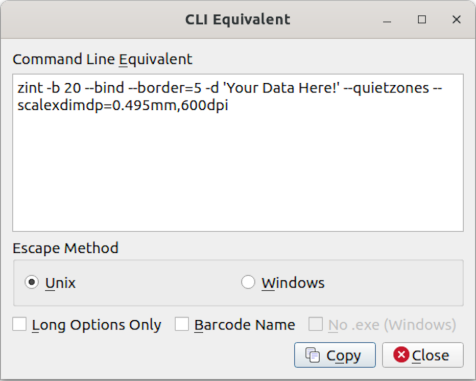 CLI Equivalent Dialog