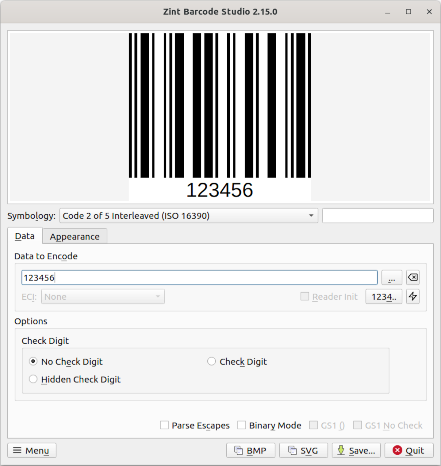Zint Barcode Studio showing Code 2 of 5 Interleaved settings