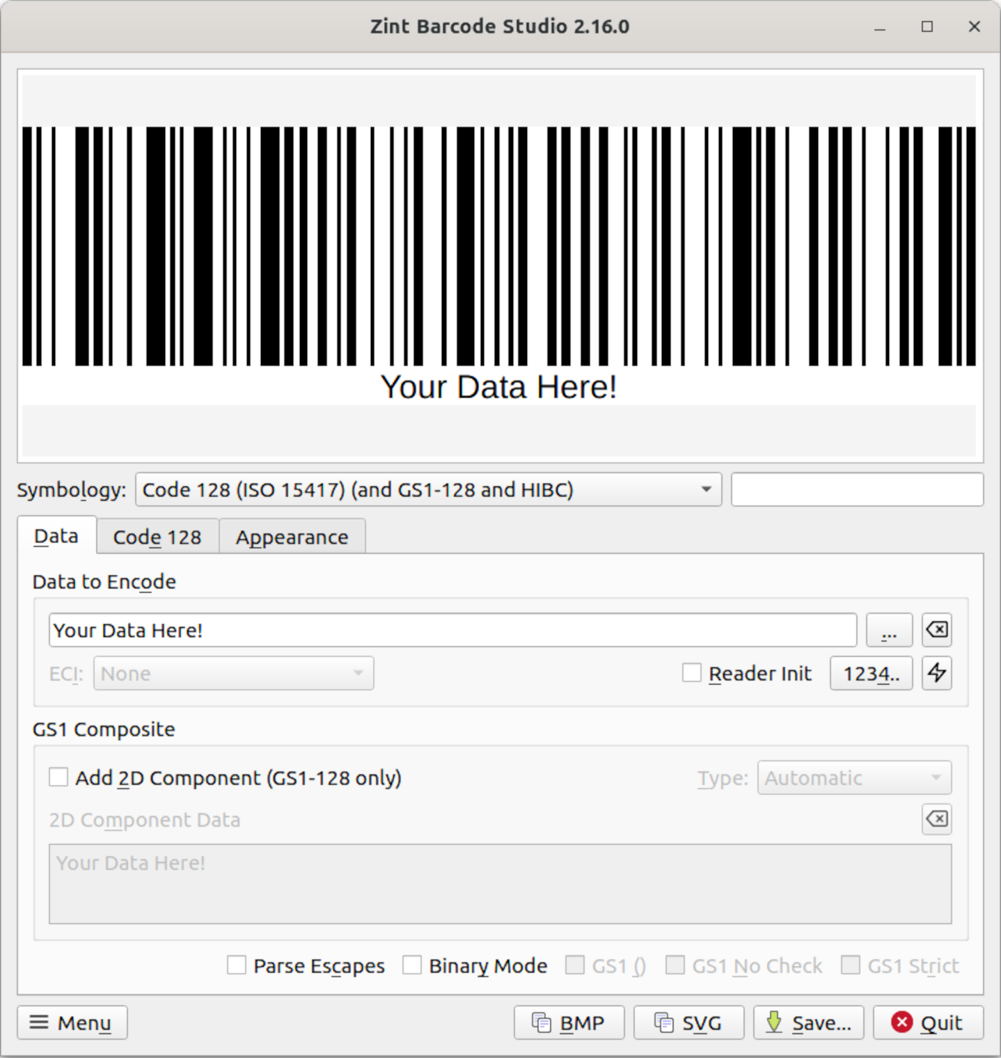 Zint Barcode Studio on startup - main window with Data tab